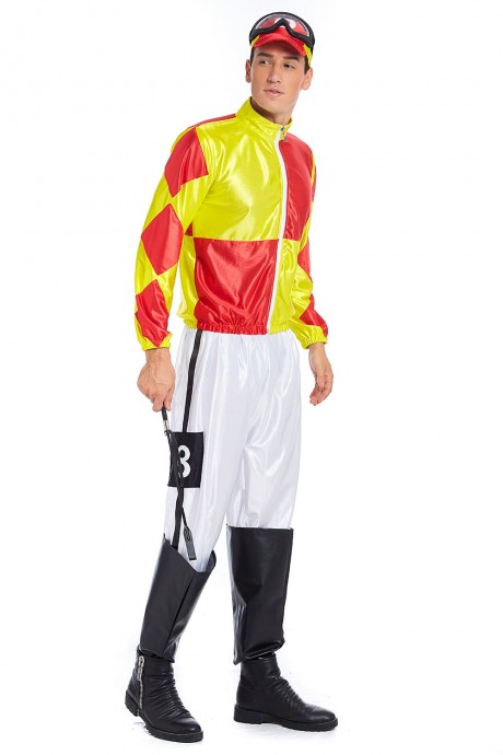 Red Yellow Jockey Horse Racing Rider Mens Uniform Fancy Dress Costume Outfit Hat