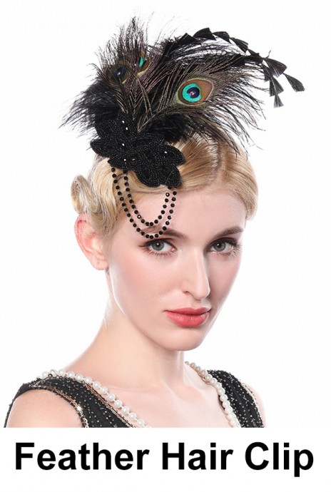 Ladies 1920s Bridal Head Clip Black Peacock Feather lx0263