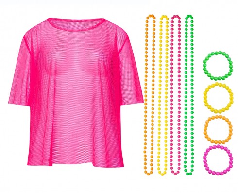 Pink String Vest Mash Top Net Neon Punk Rocker Fishnet Rockstar 80s 1980s Costume  Beaded Necklace Bracelet Accessory