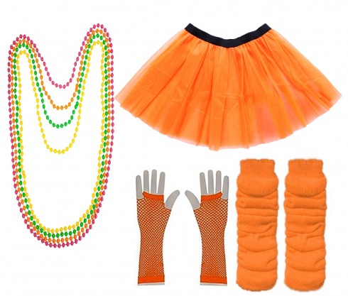 Orange Coobey Ladies 80s Tutu Skirt Fishnet Gloves Leg Warmers Necklace Dancing Costume Accessory Set