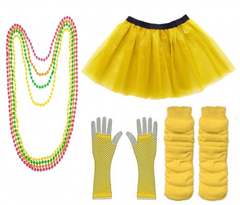 Yellow Coobey Ladies 80s Tutu Skirt Fishnet Gloves Leg Warmers Necklace Dancing Costume Accessory Set