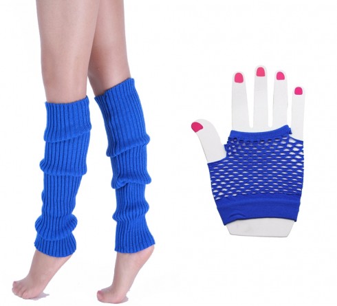 Coobey 80s Neon  Fishnet Gloves  Leg Warmers accessory set blue