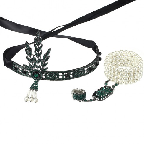Green 1920s Headband Bracelet Ring Set