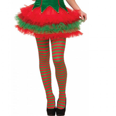 Elf Striped Red Green Christmas Xmas Helper Fancy Dress Costume Pantyhose 
