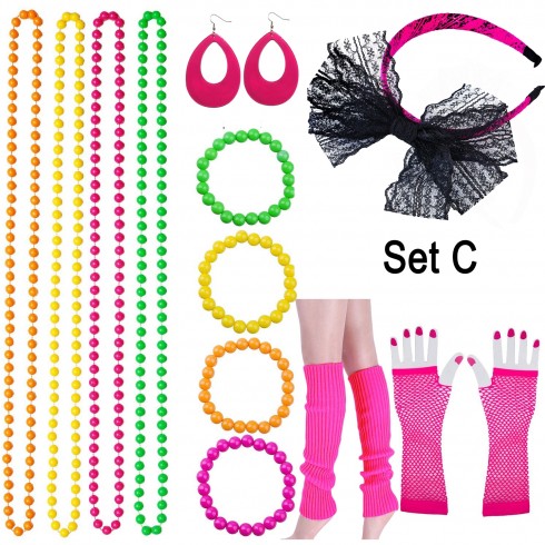 Coobey 80s Neon Bracelet Necklace Bow Headband Fishnet Gloves Lighting Earring Leg Warmers