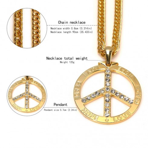 Golden Deluxe Metal Peace Sign Symbol Pendent 70s 80s Hippie Boho Jewelry Costume Necklace Accessary