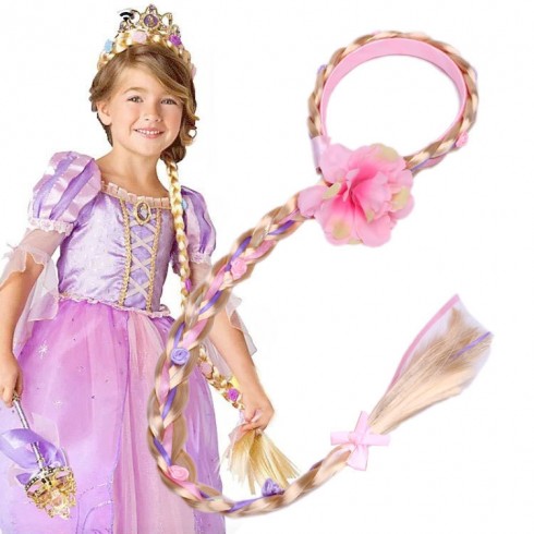 Rapunzel Girls Disney Princess Wig Headband Hair Plait with Pink Flower for Kids Costume Accessary