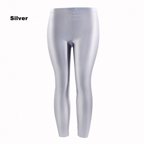 Silver 80s Shiny Neon Costume Leggings Stretch Fluro Metallic Pants Gym Yoga Dance