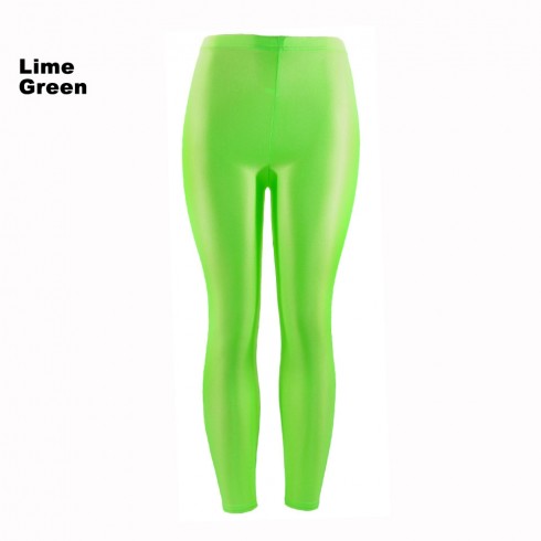 Lime Green 80s Shiny Neon Costume Leggings Stretch Fluro Metallic Pants Gym Yoga Dance