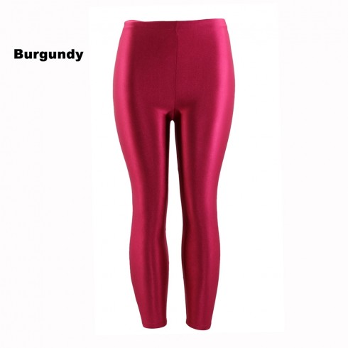 Burgundy 80s Shiny Neon Costume Leggings Stretch Fluro Metallic Pants Gym Yoga Dance
