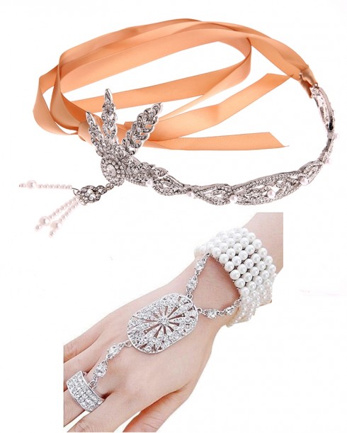Silver 1920s Headband & bracelet ring Vintage Bridal Great Gatsby Flapper Headpiece gangster ladies
