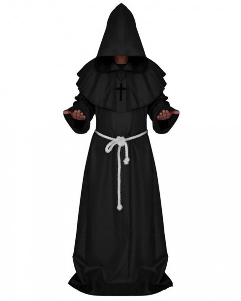 Black Medieval Friar Hooded Robe Monk Cross Necklace Renaissance Costume Cosplay Mans Halloween