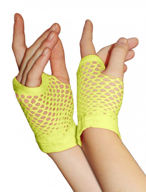 Yellow Fishnet Gloves Fingerless Wrist Length 70s 80s Women's Neon Accessories