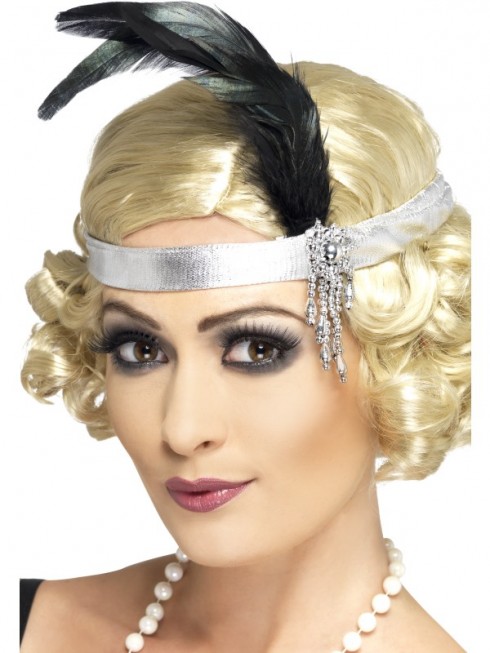 1920s Silver Satin Flapper Charleston headband Elasticated Headpiece Ladies Costume Accessories