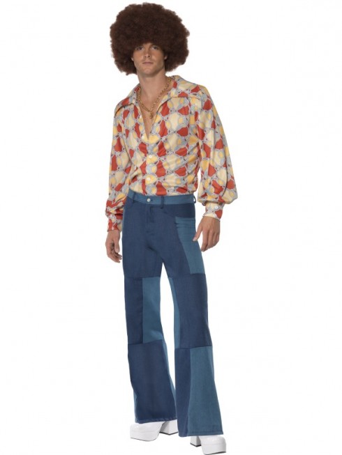 Mens 70s 1970s Flares Patchwork Denim Trousers Fancy Dress Disco Dancer Pants Costume