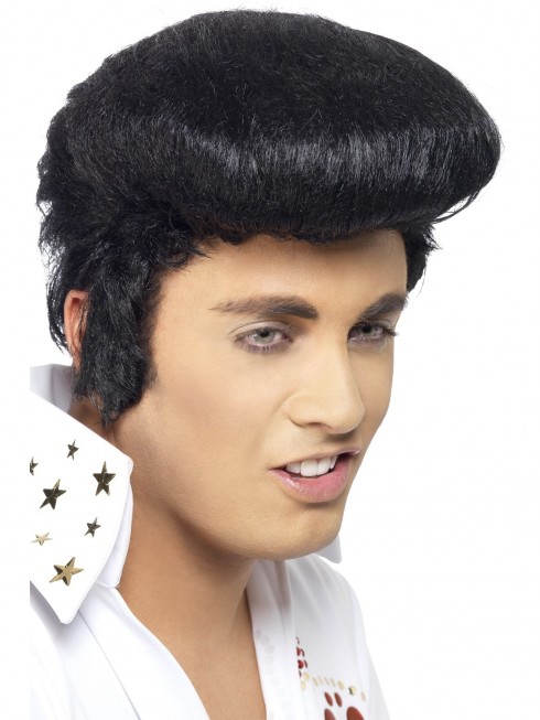 Rock Star Elvis Presley Las Vegas Wig Deluxe Black Hair Piece 50s 60s Grease Halloween Costume Accessory