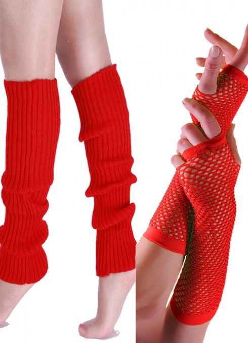 Coobey 80s Neon  Fishnet Gloves  Leg Warmers accessory set Red