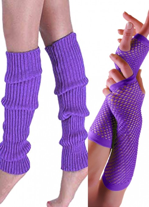 Coobey 80s Neon Fishnet Gloves Leg Warmers accessory set Purple