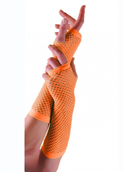 Orange Fishnet Gloves Fingerless Elbow Length 70s 80s Women's Neon Accessories