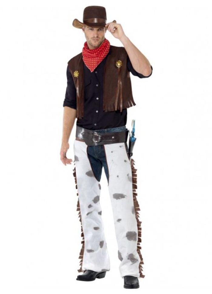Mens Western Kit Black Waistcoat Cowboy Sheriff Indians Costume Texas American 