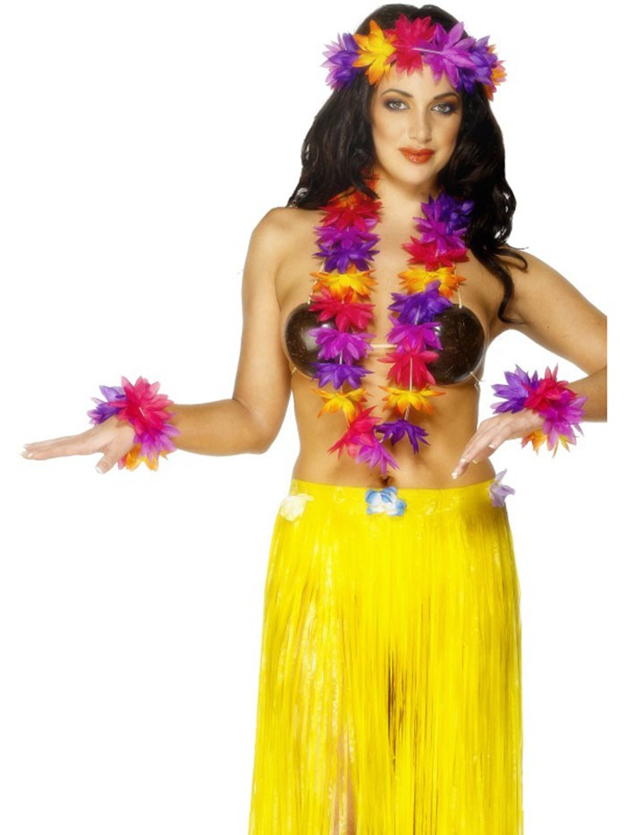 Hawaiian Fancy Dress 4 Piece Lei Garland Set Hawaiin Beach Party Neon Colors Set 