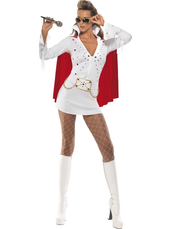 Ladies White Red 50s 1950s Elvis Presley Costume Viva Las Vegas Fancy Dress Rock