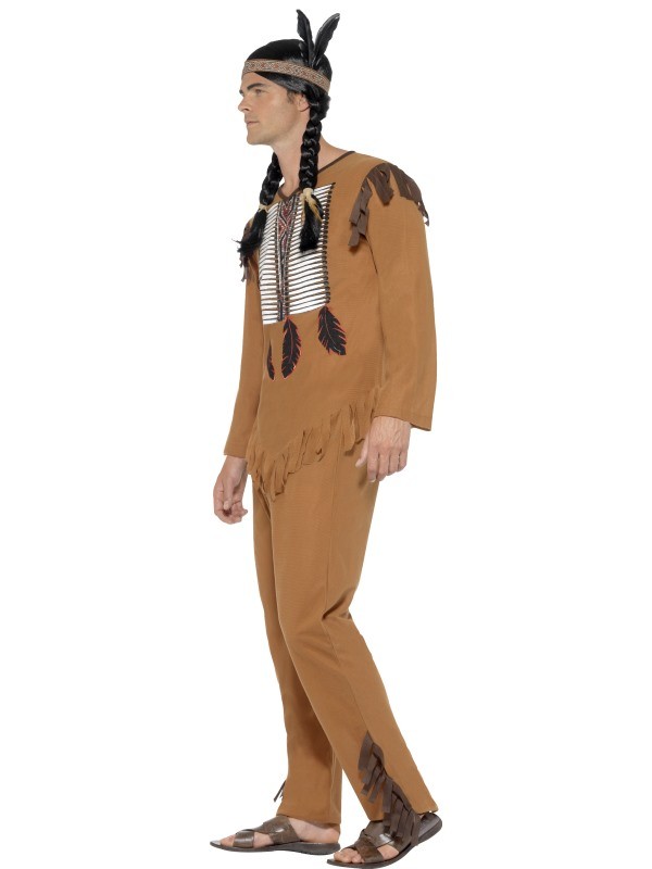 Brown Native Western Indian Warrior Wild West Adults Mens Fancy Dress Costume 