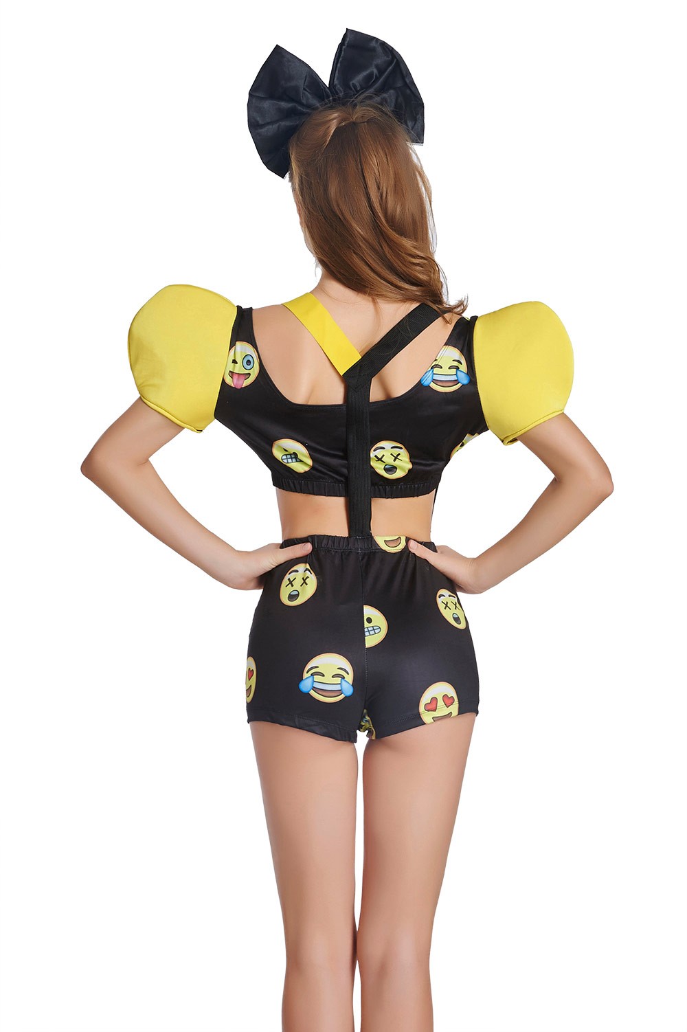Ladies Happy Face Emoji Jumpsuit Halloween Party Fancy Dress Costume Outfit 