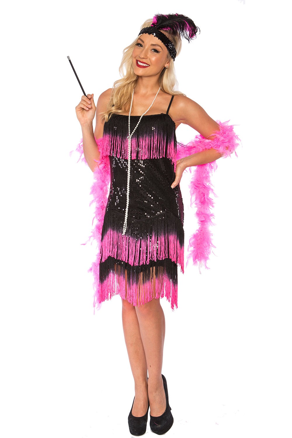 Deluxe Ladies 20s 1920s Charleston Flapper Black Pink Costume Fancy Dress AU