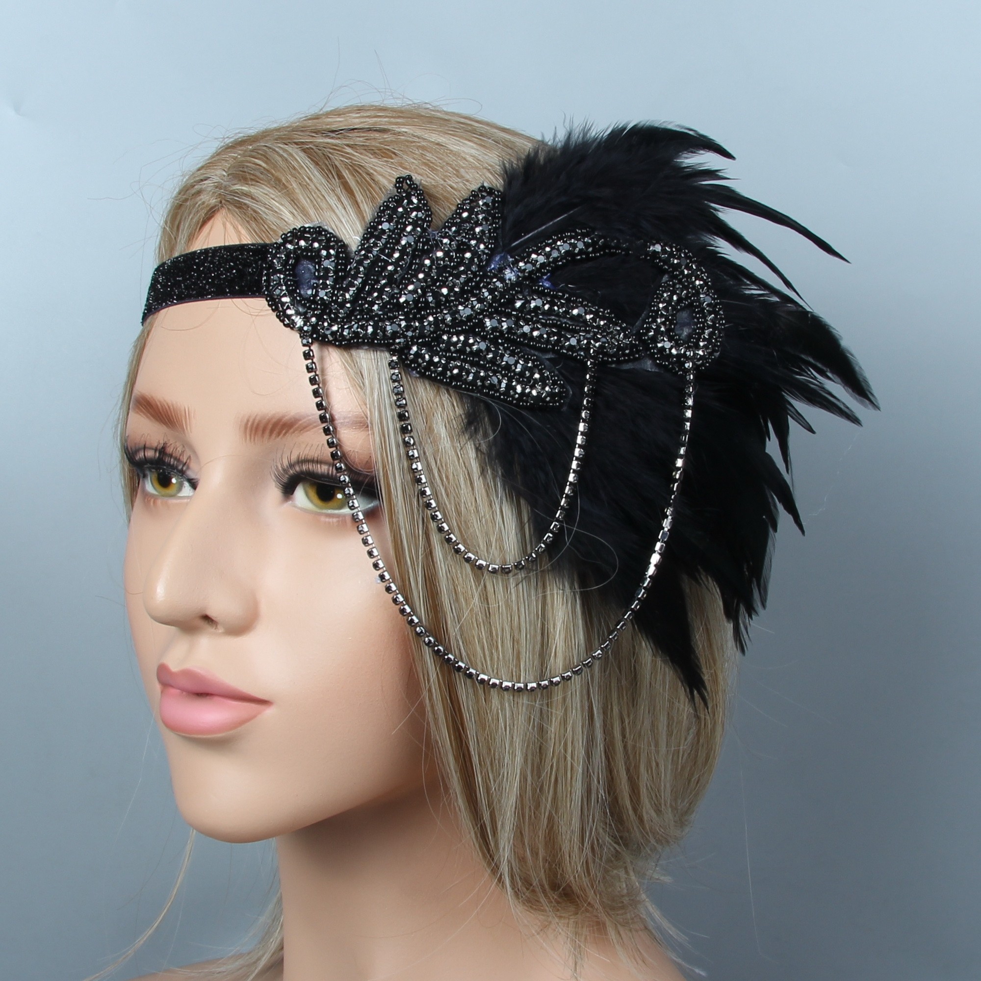 1920s Headband Black Feather Bridal Great Gatsby 20s Gangster Flapper Headpiece 