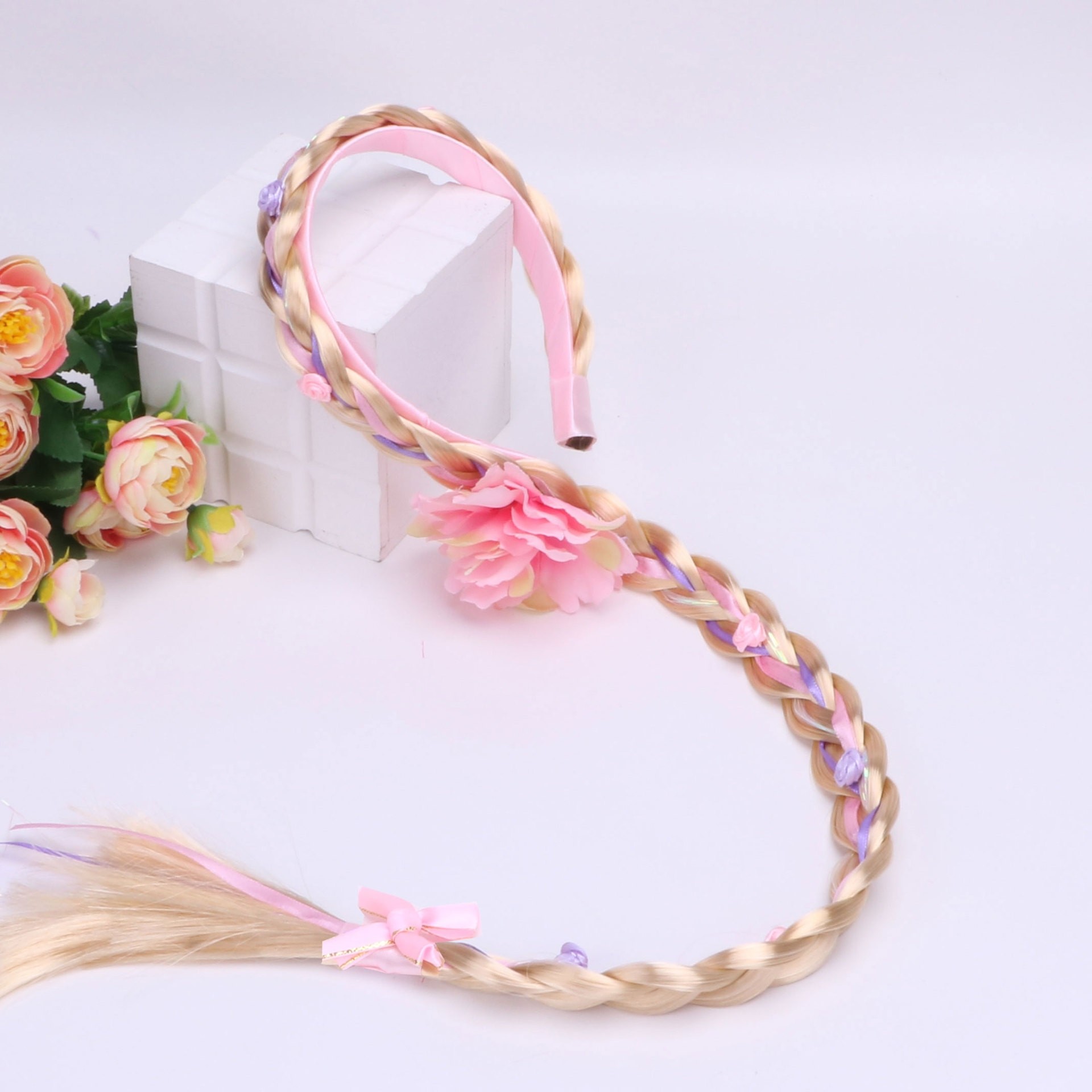 Princess Rapunzel Long Braided Wig Headbands with Tiara Flowers Adorn for Girls Costume Accessories Dress Up Birthday Party 