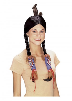 Ladies Pocahontas Wig Native Indian Long Black Plaits Feather Costume Accessory
