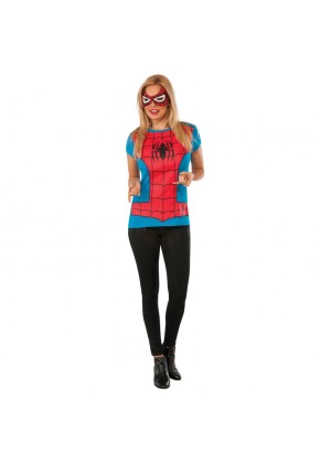 Womens Spider Girl Tshirt Mask Ladies Super Hero Justice League Fancy Dress Costume Outfit