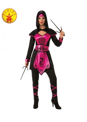 Ladies Ninja Assassin Pink Warrior Costume Womens Japanese Deadly Black Fancy Dress