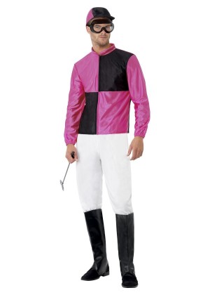 Pink Black Jockey Horse Racing Rider Mens Uniform Fancy Dress Costume Outfit Hat