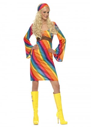 Ladies RAINBOW 60s 70s Retro Hippie Go Go Girl Disco Licensed Costume Fancy Dress Hen Xmas Party