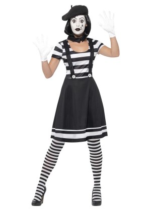 Ladies Mesmerizing Mime Costume French Artist Clown Circus Funnyside Fancy Dress Outfits