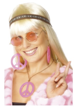 Ladies 1960s Hippy Costume Accessories 1970s Womens Hippie Kit 70s 60s Peace Medallion Earings Round Glasses
