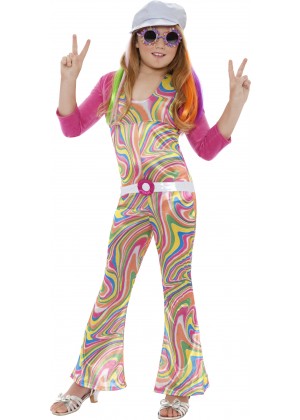 Girls Hippy Costume Childs 60s 70s Groovy Glam Fancy Dress Disco Hippie Outfit 1960s 1970s