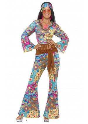 Ladies Flower Power 60s 70s Retro Hippie Go Go Girl Disco Licensed Costume Fancy Dress Hen Xmas Party