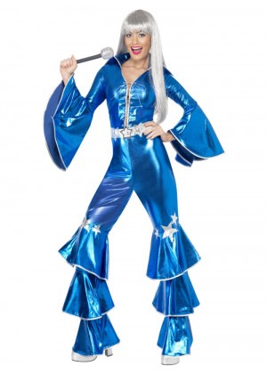 Licensed 1970s 70s Dancing Dream Disco Queen Blue Lame Costume Adult Fancy Dress Pop Abba Tribute Retro Outfits Catsuit Lace Up Jumpsuit 