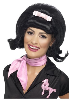 Ladies 50s Flicked Beehive Bob Hairspray Grease Black Flip Costume Party Wig