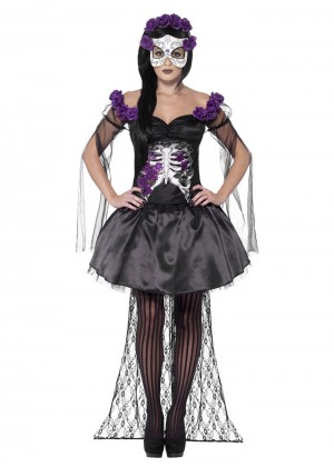 Ladies Mexican Day Of The Dead Skull Skeleton Spanish Fancy Dress Senorita Halloween Costume