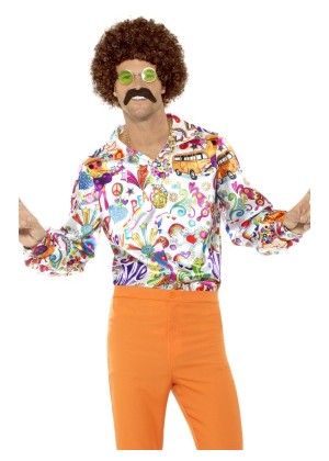 Mens Groovy Shirt Multicolour 1960s 1970s Hippie Retro Disco Costume Top