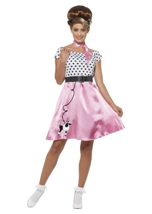 Ladies 1950s Rock n Roll Costume Adult 50s Poodle Grease Rockabilly Dance Fancy Dress Womens Pink Outfit