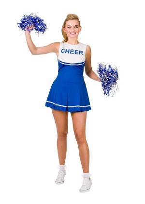 Blue Ladies Cheerleader School Girl Uniform Fancy Dress Costume