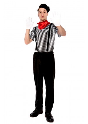 Mens Mesmerizing Mime Costume French Artist Clown Circus Fancy Dress Outfits