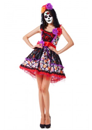 Ladies Day of the Dead Sugar Skull Halloween Fancy Dress Costume Spanish Dress Senorita