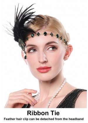 Ladies 20s headband with black feather and green Rhinestones lx0254