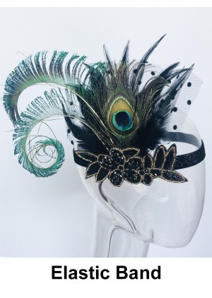 Ladies 1920s Bridal Headband Black Feather lx0264